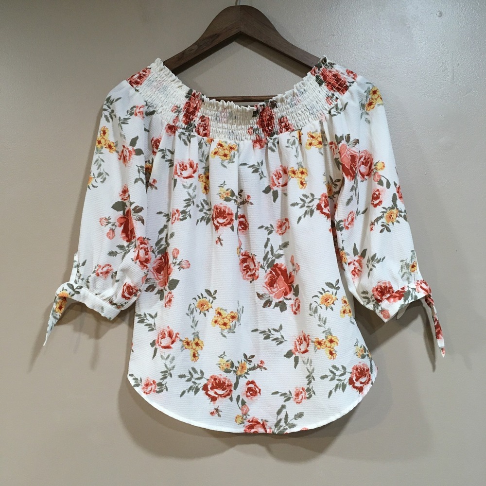 Rue21 Floral Off Shoulder Blouse Womens M White Pink Cottage Peasant Romantic